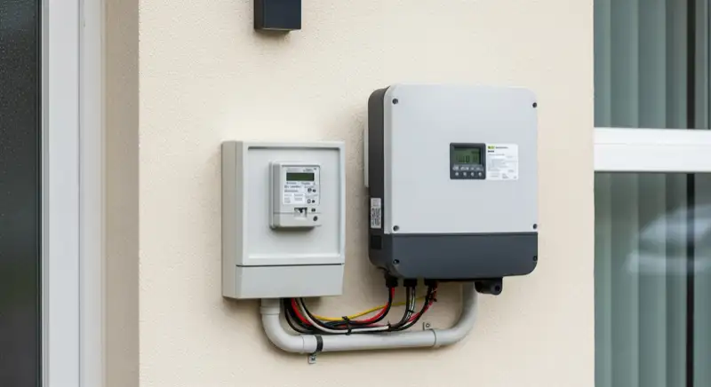 Modern German electrical meter cabinet (Zählerschrank) with smart meter and solar inverter connection, clean technical installation