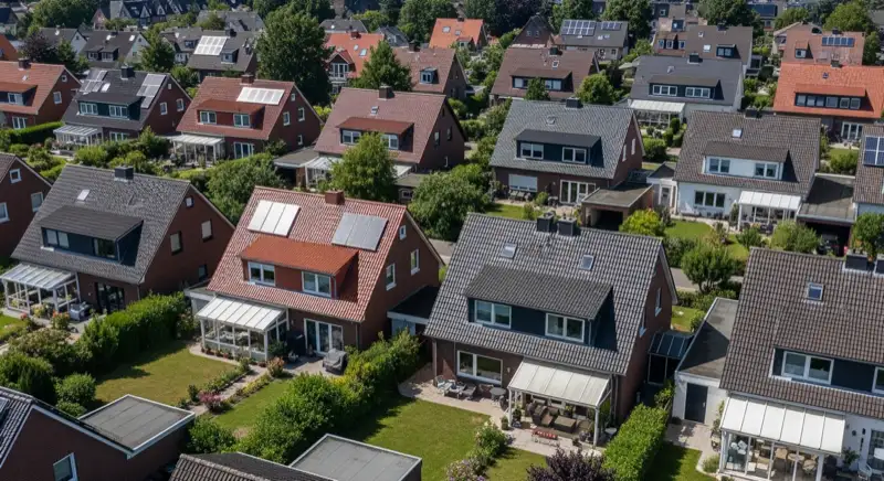 Aerial drone view of typical German residential neighborhood with mixed roof types, red and dark roof tiles, gardens visible, sunny day