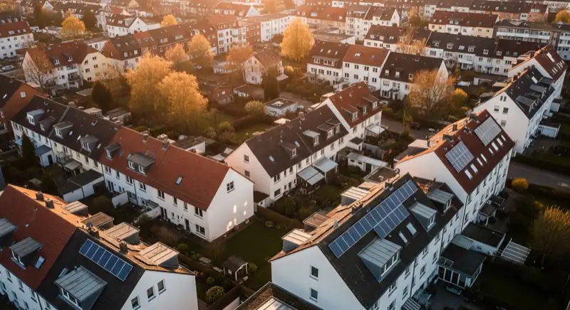 Aerial drone view of typical German residential neighborhood with mixed roof types, red and dark roof tiles, gardens visible, sunny day
