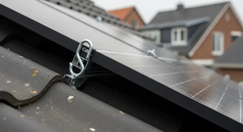 Installateur befestigt Solarmodule auf norddeutschem Hausdach mit verstärkten Dachhaken für Küstenbedingungen