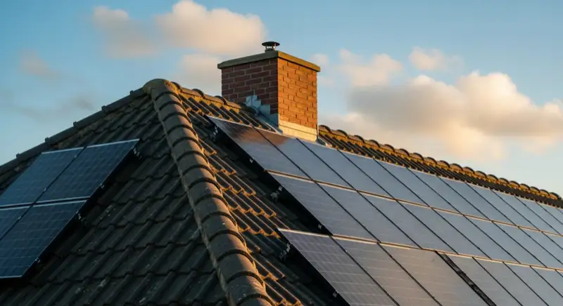 Close-up of photovoltaic solar panels installed on a traditional German Satteldach (gabled roof), blue sky with some clouds