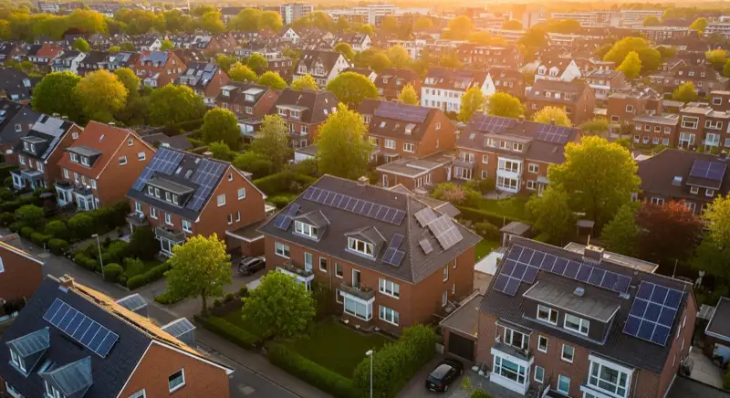 Aerial drone view of typical German residential neighborhood with mixed roof types, red and dark roof tiles, gardens visible, sunny day