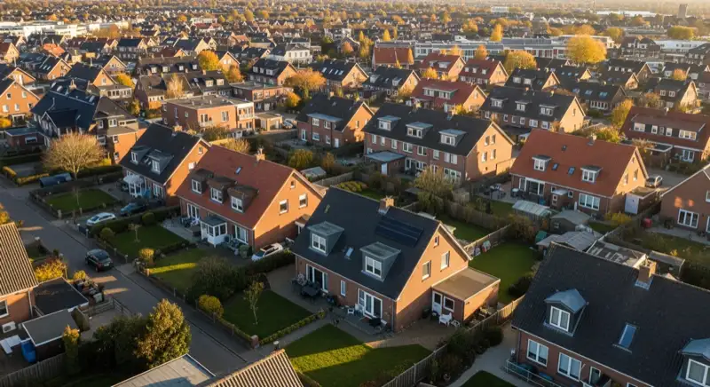 Aerial drone view of typical German residential neighborhood with mixed roof types, red and dark roof tiles, gardens visible, sunny day