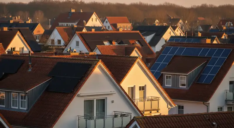 Typische norddeutsche Wohnhäuser in Bremerhaven mit Solaranlagen auf roten Ziegeldächern