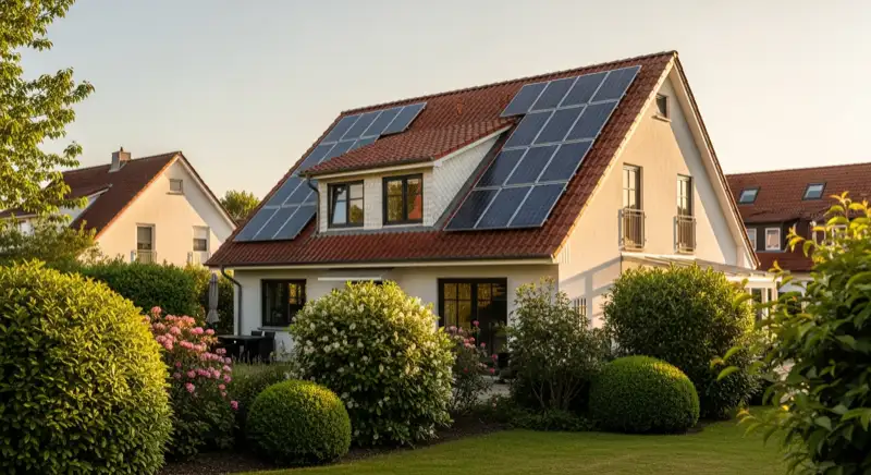 German detached house (Einfamilienhaus) with photovoltaic panels on pitched roof, well-maintained garden, warm afternoon sunlight
