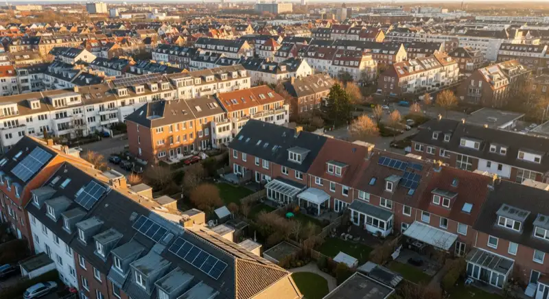 Aerial drone view of typical German residential neighborhood with mixed roof types, red and dark roof tiles, gardens visible, sunny day