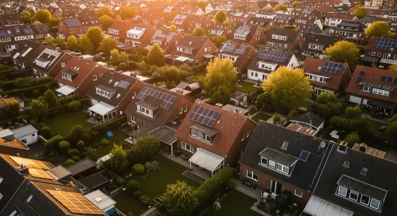 Aerial drone view of typical German residential neighborhood with mixed roof types, red and dark roof tiles, gardens visible, sunny day