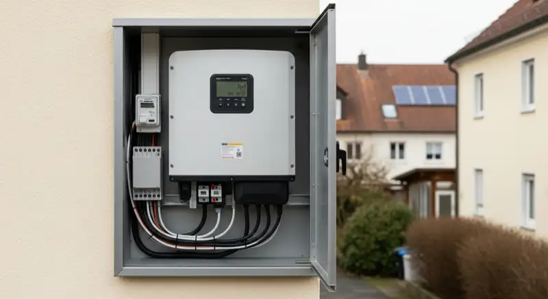 Modern German electrical meter cabinet (Zählerschrank) with smart meter and solar inverter connection, clean technical installation