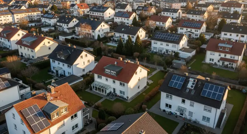 Aerial drone view of typical German residential neighborhood with mixed roof types, red and dark roof tiles, gardens visible, sunny day