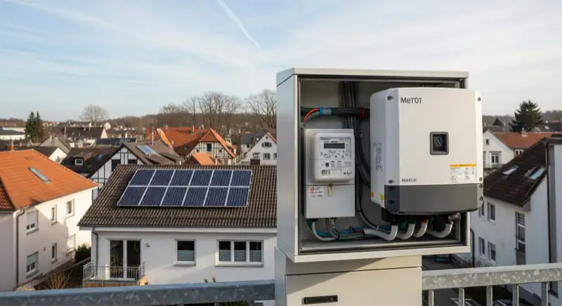 Modern German electrical meter cabinet (Zählerschrank) with smart meter and solar inverter connection, clean technical installation