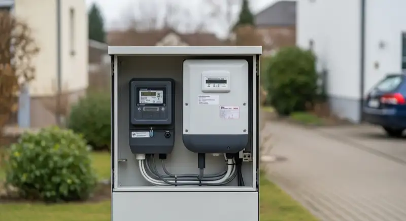 Modern German electrical meter cabinet (Zählerschrank) with smart meter and solar inverter connection, clean technical installation