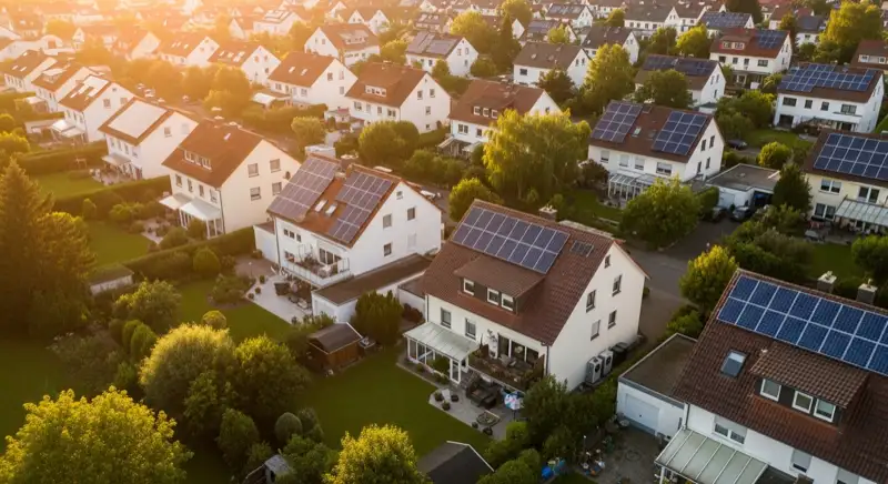 Aerial drone view of typical German residential neighborhood with mixed roof types, red and dark roof tiles, gardens visible, sunny day