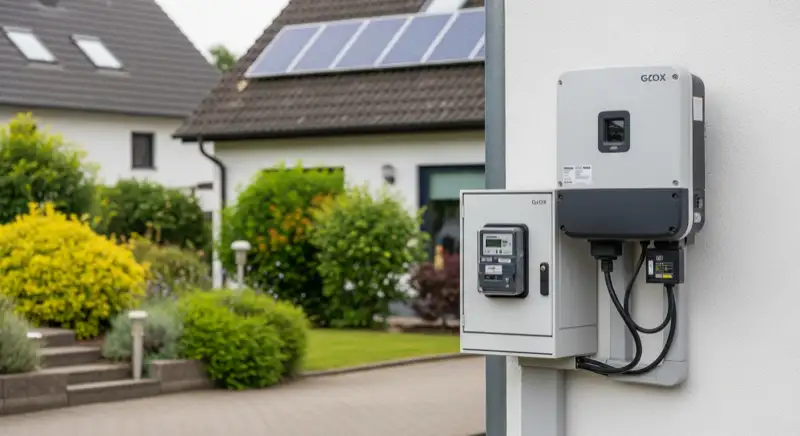 Modern German electrical meter cabinet (Zählerschrank) with smart meter and solar inverter connection, clean technical installation