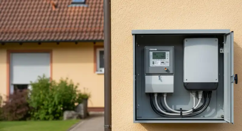 Modern German electrical meter cabinet (Zählerschrank) with smart meter and solar inverter connection, clean technical installation