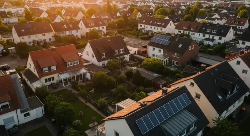 Aerial drone view of typical German residential neighborhood with mixed roof types, red and dark roof tiles, gardens visible, sunny day