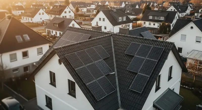 Geneigtes Einfamilienhausdach in Buchholz in der Nordheide mit montierter Solaranlage