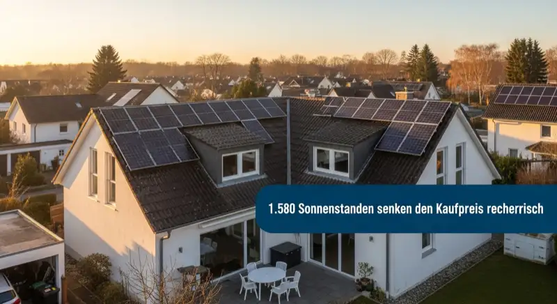 German detached house (Einfamilienhaus) with photovoltaic panels on pitched roof, well-maintained garden, warm afternoon sunlight