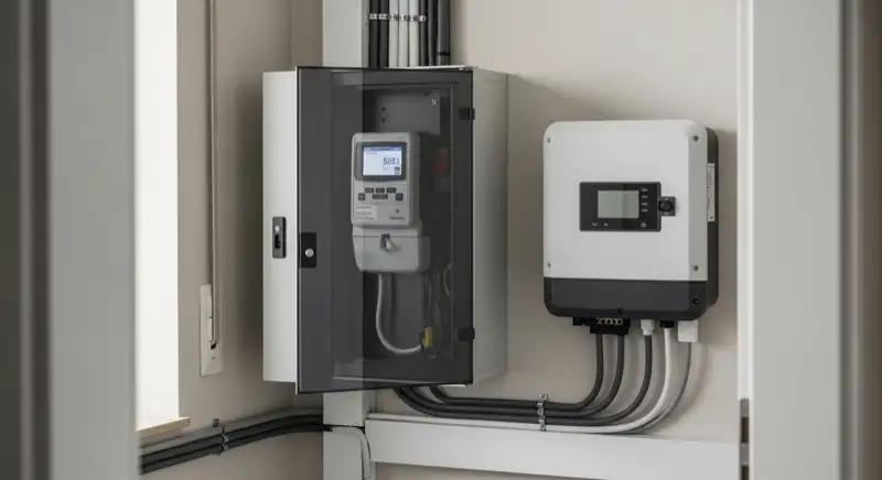 Modern German electrical meter cabinet (Zählerschrank) with smart meter and solar inverter connection, clean technical installation