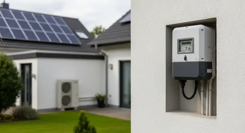 Modern German electrical meter cabinet (Zählerschrank) with smart meter and solar inverter connection, clean technical installation