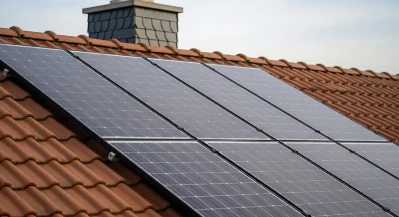 Installateur montiert Solarmodule auf einem Hausdach in Buchholz in der Nordheide