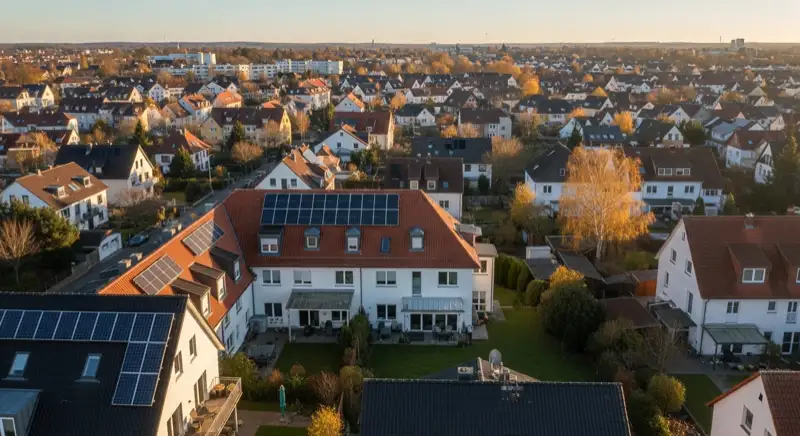 Aerial drone view of typical German residential neighborhood with mixed roof types, red and dark roof tiles, gardens visible, sunny day