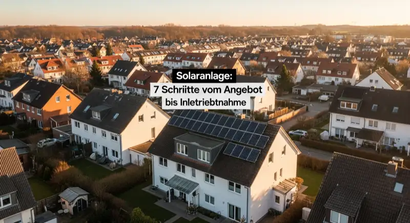 Aerial drone view of typical German residential neighborhood with mixed roof types, red and dark roof tiles, gardens visible, sunny day