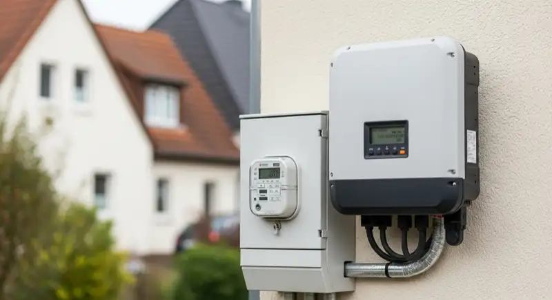 Modern German electrical meter cabinet (Zählerschrank) with smart meter and solar inverter connection, clean technical installation
