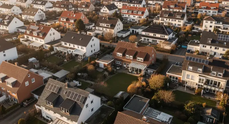 Aerial drone view of typical German residential neighborhood with mixed roof types, red and dark roof tiles, gardens visible, sunny day