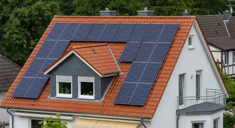Einfamilienhaus in Buxtehude mit geneigtem Ziegeldach und Solarmodulen