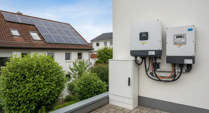 Modern German electrical meter cabinet (Zählerschrank) with smart meter and solar inverter connection, clean technical installation