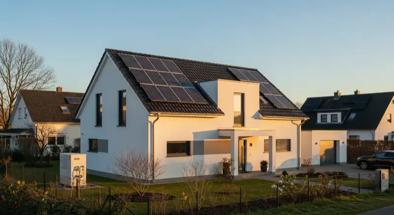 Modernes Einfamilienhaus in Celle mit Solaranlage auf dem Dach, Wärmepumpe im Garten und Wallbox in der Einfahrt