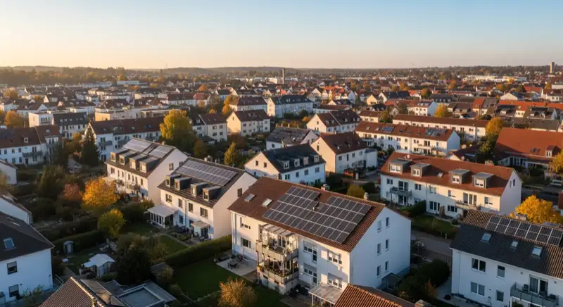 Aerial drone view of typical German residential neighborhood with mixed roof types, red and dark roof tiles, gardens visible, sunny day