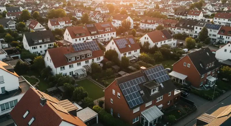 Aerial drone view of typical German residential neighborhood with mixed roof types, red and dark roof tiles, gardens visible, sunny day