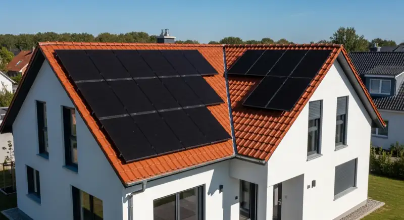 Modernes Einfamilienhaus in Celle mit schwarzen Solarmodulen auf rotem Ziegeldach
