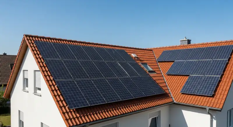Installateure bei der Montage einer Solaranlage auf einem typischen Celle-Dach mit roter Ziegeleindeckung