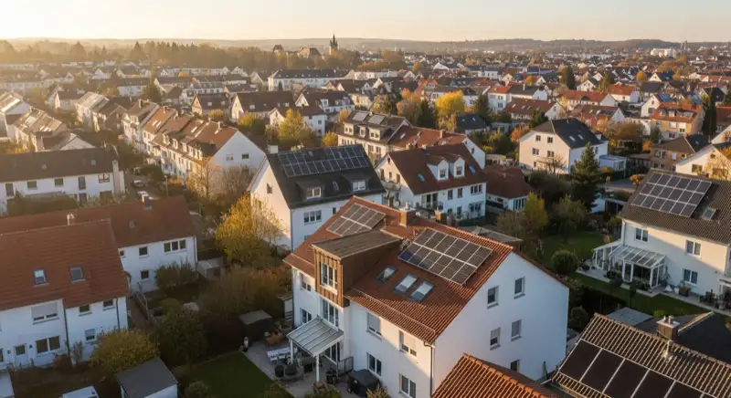 Aerial drone view of typical German residential neighborhood with mixed roof types, red and dark roof tiles, gardens visible, sunny day