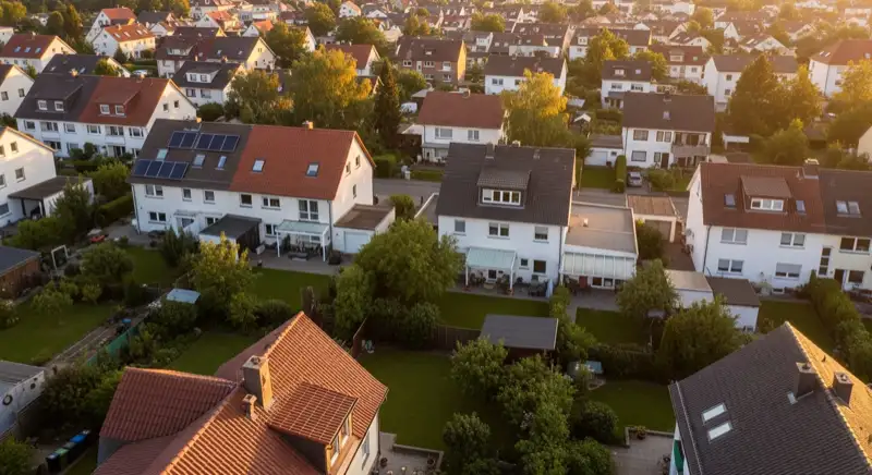 Aerial drone view of typical German residential neighborhood with mixed roof types, red and dark roof tiles, gardens visible, sunny day
