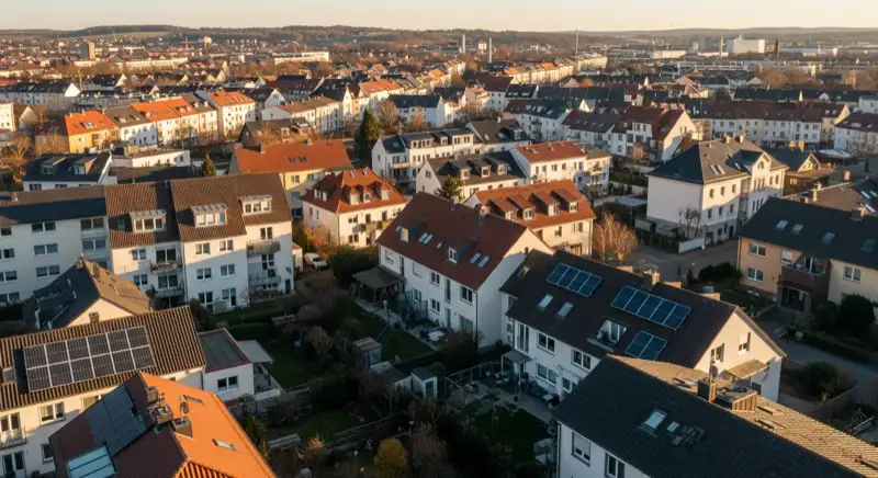 Aerial drone view of typical German residential neighborhood with mixed roof types, red and dark roof tiles, gardens visible, sunny day