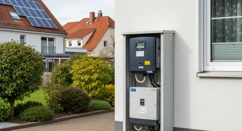 Modern German electrical meter cabinet (Zählerschrank) with smart meter and solar inverter connection, clean technical installation