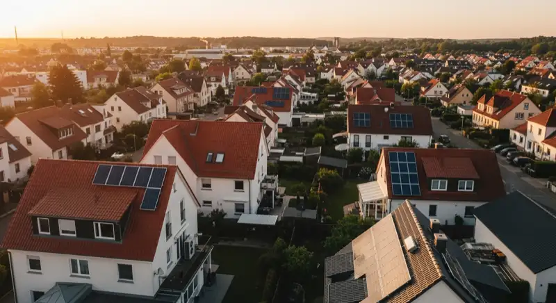 Aerial drone view of typical German residential neighborhood with mixed roof types, red and dark roof tiles, gardens visible, sunny day