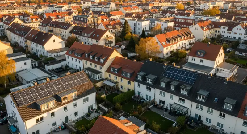 Aerial drone view of typical German residential neighborhood with mixed roof types, red and dark roof tiles, gardens visible, sunny day