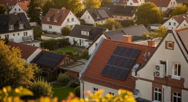Aerial drone view of typical German residential neighborhood with mixed roof types, red and dark roof tiles, gardens visible, sunny day