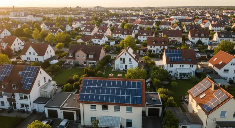 Aerial drone view of typical German residential neighborhood with mixed roof types, red and dark roof tiles, gardens visible, sunny day