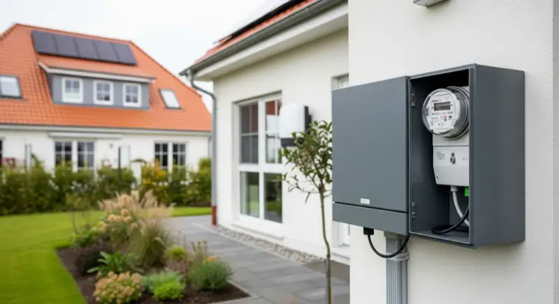 Modern German electrical meter cabinet (Zählerschrank) with smart meter and solar inverter connection, clean technical installation