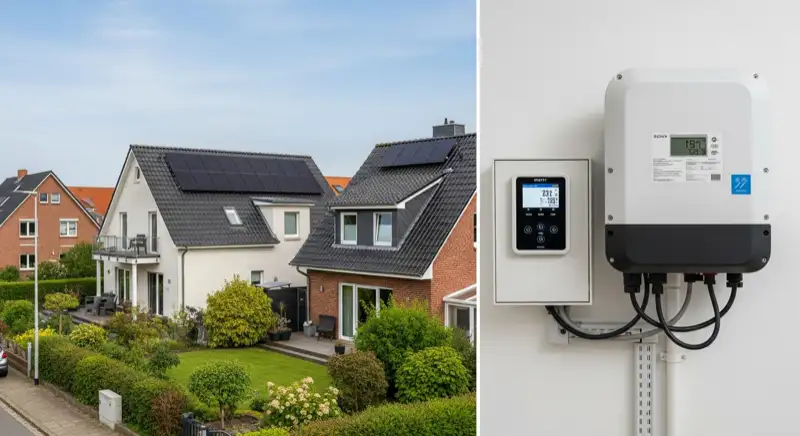 Modern German electrical meter cabinet (Zählerschrank) with smart meter and solar inverter connection, clean technical installation