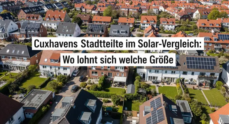 Aerial drone view of typical German residential neighborhood with mixed roof types, red and dark roof tiles, gardens visible, sunny day