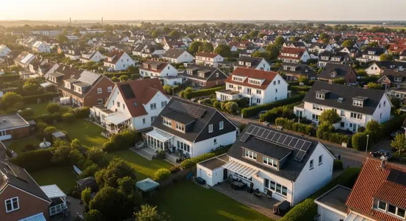 Aerial drone view of typical German residential neighborhood with mixed roof types, red and dark roof tiles, gardens visible, sunny day