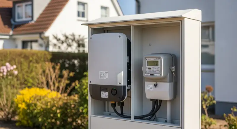 Modern German electrical meter cabinet (Zählerschrank) with smart meter and solar inverter connection, clean technical installation