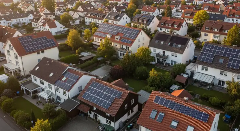 Aerial drone view of typical German residential neighborhood with mixed roof types, red and dark roof tiles, gardens visible, sunny day