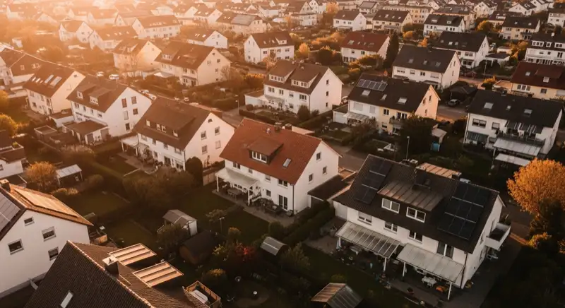 Aerial drone view of typical German residential neighborhood with mixed roof types, red and dark roof tiles, gardens visible, sunny day